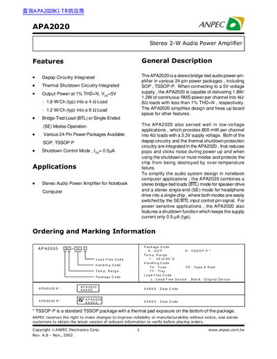 ANPEC APA2020 Stereo 2-W Audio Power Amplifier Datasheet - cover page
