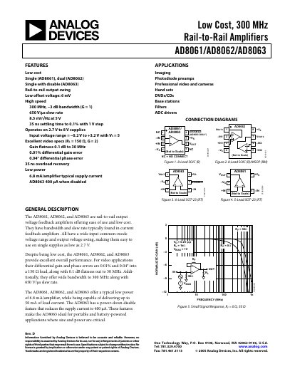 Analog Devices AD8061/AD8062/AD8063 Low Cost 300 MHz Rail‑to‑Rail Amplifiers Datasheet - cover page