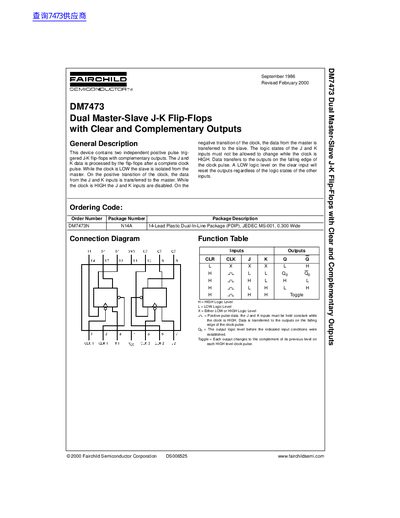 Fairchild Semiconductor DM7473 Dual Master-Slave J-K Flip-Flops Datasheet - cover page