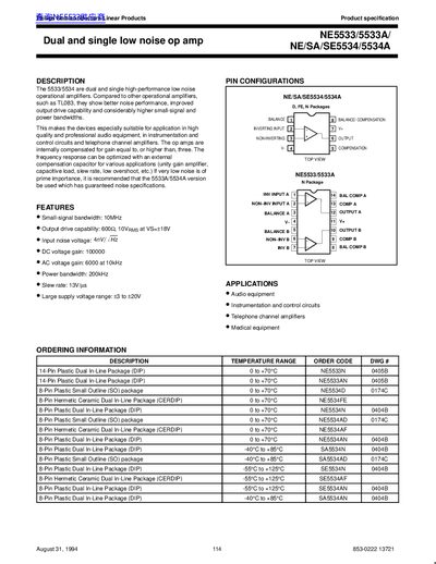 Philips NE5533/5533A/NE/SA/SE5534/SE5534A Low Noise Operational Amplifier Datasheet - cover page