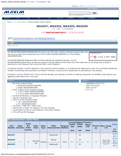 Maxim MAX291/MAX292/MAX295/MAX296 Lowpass Filter Datasheet - cover page