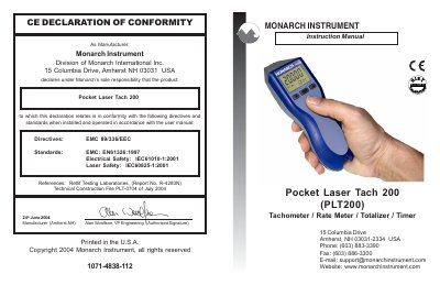 Pocket Laser Tach 200 (PLT200) Manual - cover page
