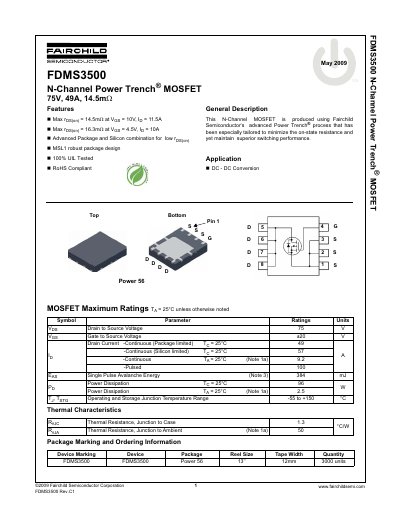 Fairchild FDMS3500 N-Channel Power Trench MOSFET Datasheet - cover page