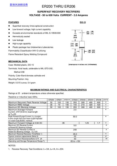 ER200 THRU ER206 SUPERFAST RECOVERY RECTIFIERS VOLTAGE - 50 to 600 Volts CURRENT - 2.0 Amperes - cover page