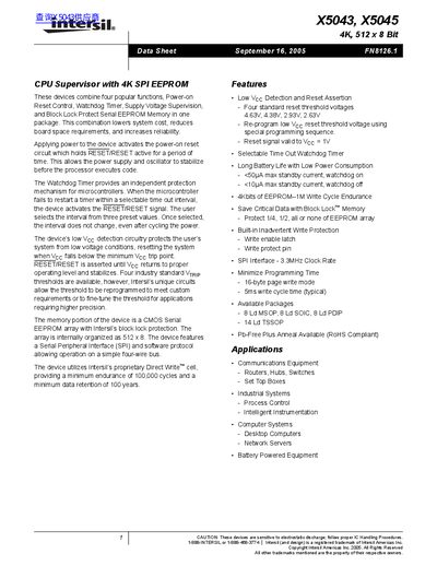 Intersil X5043/X5045 CPU Supervisor Data Sheet - cover page