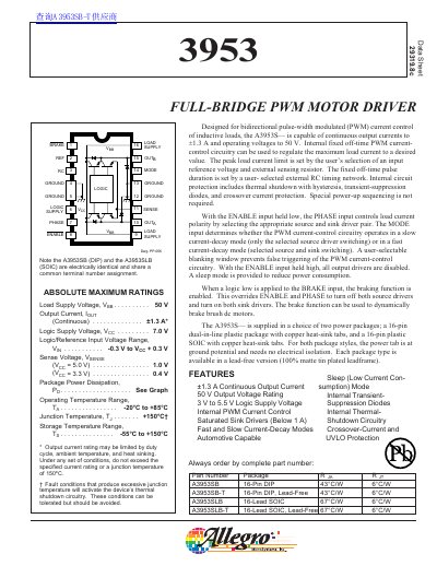 Allegro A3953S- Full-Bridge PWM Motor Driver Datasheet