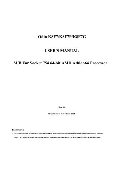 Odin K8F7/K8F7P/K8F7G Motherboard User Manual