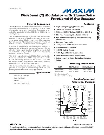 Maxim MAX2150 Wideband I/Q Modulator Datasheet - cover page