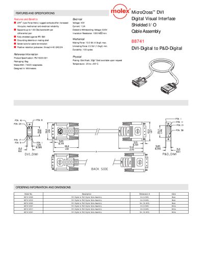 Molex 88741 DVI-Digital to P&D-Digital Cable Assembly Datasheet - cover page