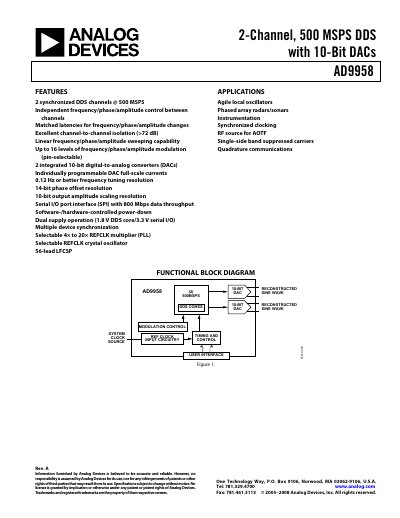 Analog Devices AD9958 2-Channel 500 MSPS DDS Datasheet - cover page