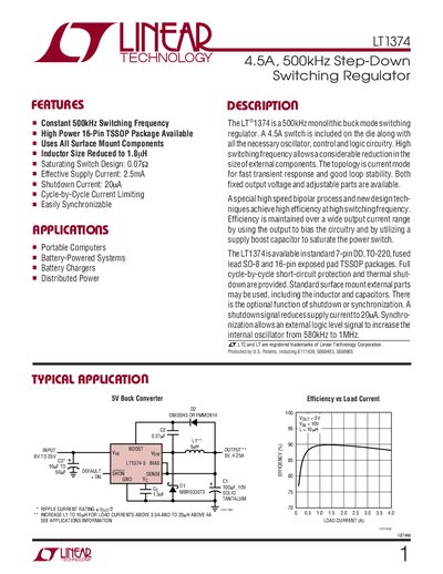 Linear Technology LT1374 4.5A 500kHz Step-Down Switching Regulator Datasheet - cover page