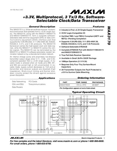 Maxim MAX3170 Multiprotocol Transceiver Datasheet - cover page