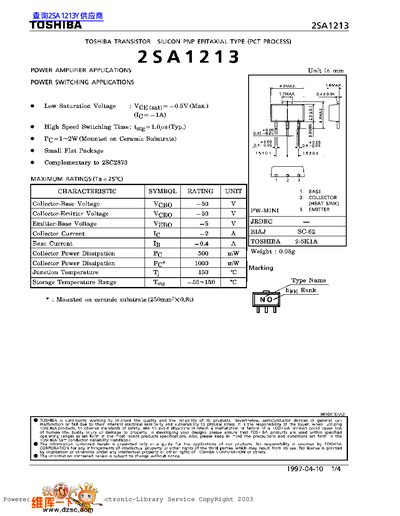 Toshiba 2SA1213 PNP Transistor Datasheet - cover page