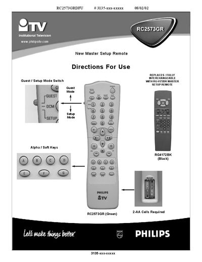 Philips RC2573GR Master Setup Remote User Manual - cover page