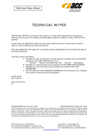 ACC Technical Wipes Technical Data Sheet - cover page