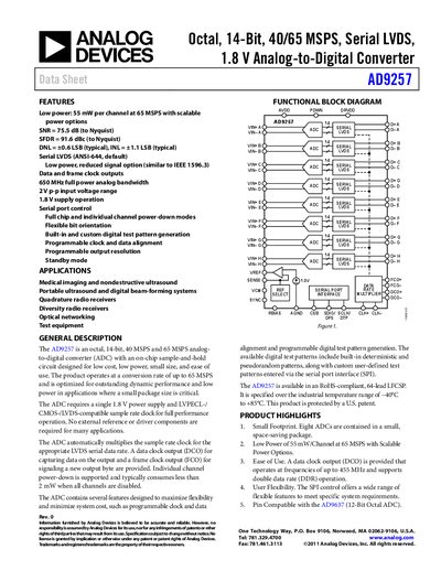 Analog Devices AD9257 14‑Bit Octal ADC Datasheet - cover page