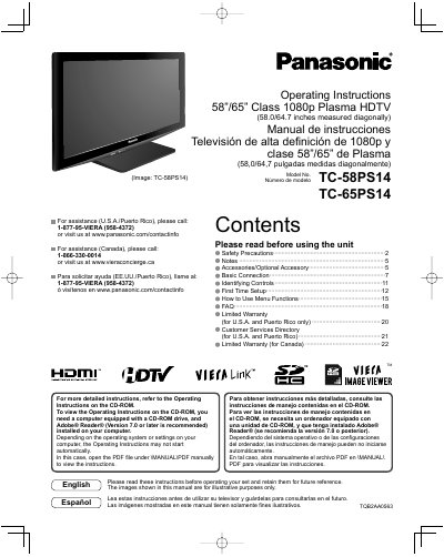 Panasonic TC58PS14-SPA Television Manual - cover page