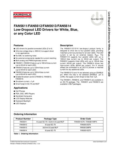 Fairchild FAN5611/FAN5612/FAN5613/FAN5614 Low-Dropout LED Drivers Handbook - cover page