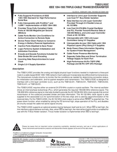Texas Instruments TSB21LV03C IEEE 1394 Triple‑Cable Transceiver/Arbiter Datasheet - cover page