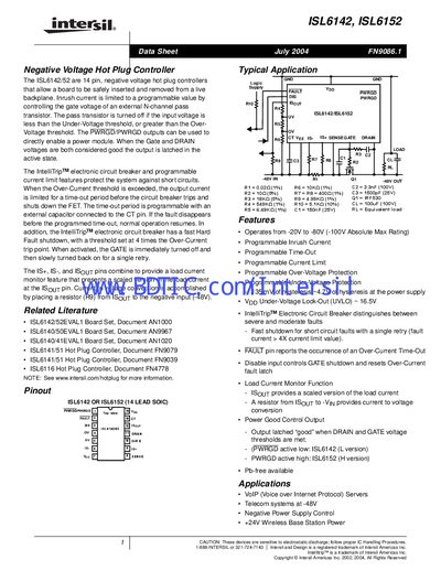 Intersil ISL6142/ISL6152 Negative Voltage Hot Plug Controller Datasheet - cover page