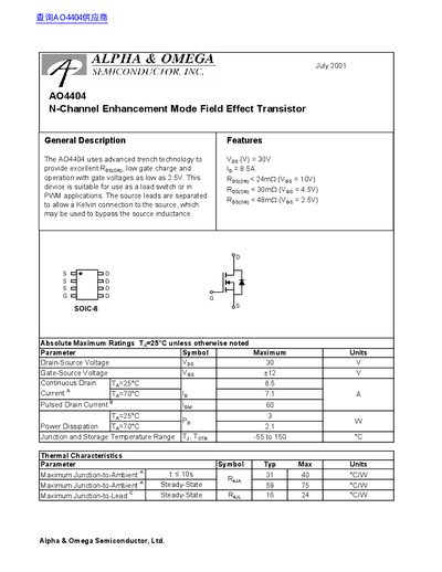 Alpha & Omega AO4404 N-Channel Enhancement Mode Field Effect Transistor Datasheet - cover page