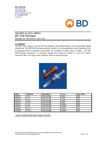 BD Oral Syringes 1 ml, 3 ml, 5 ml, 10 ml Datasheet - cover page