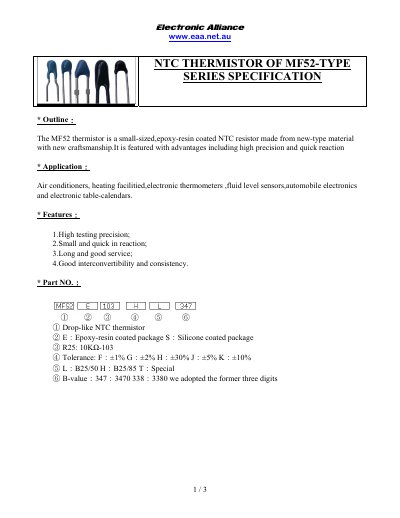 Electronic Alliance MF52 NTC Thermistor Datasheet