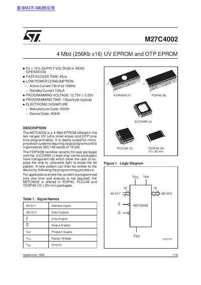 ST M27C4002 4 Mbit (256Kb x16) UV EPROM OTP EPROM handbook - cover page