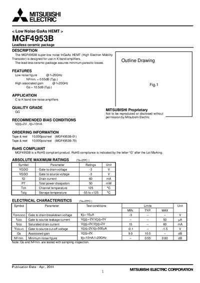 Mitsubishi Electric MGF4953B Low Noise GaAs HEMT Datasheet - cover page