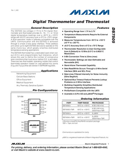 Maxim DS7505 Digital Thermometer and Thermostat Datasheet