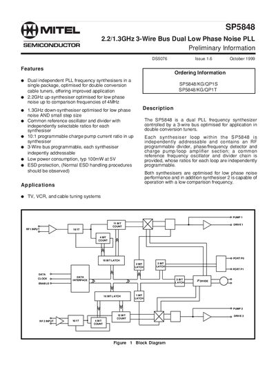 MIEEL SP5848 2.2/1.3GHz 3-Wire Bus Dual Low Phase Noise PLL Data Sheet  - cover page
