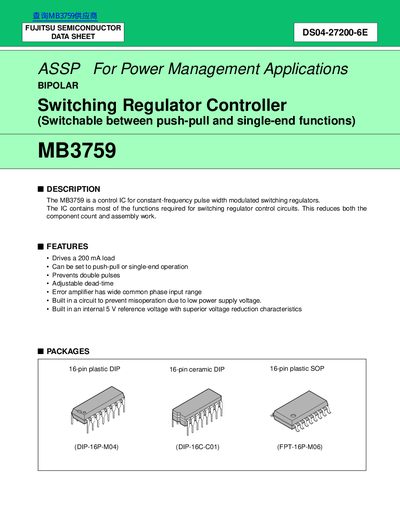 Fujitsu MB3759 Bipolar Switching Regulator Controller Datasheet - cover page