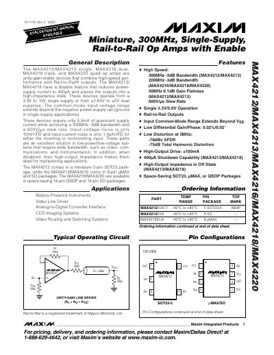 Maxim MAX4212/MAX4213/MAX4216/MAX4218/MAX4220 Op Amp Datasheet - cover page