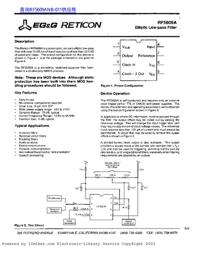 EG&G Reticon RF5609A Elliptic Low-pass Filter Datasheet - cover page