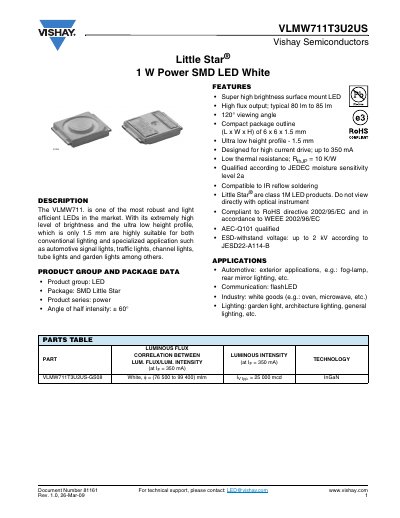 Vishay VLMW711T3U2US Little Star 1 W Power SMD LED White Datasheet - cover page