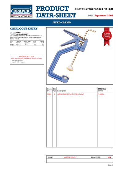 Draper Speed Clamp Product Data Sheet - cover page
