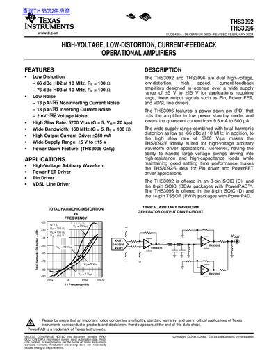 TEXAS INSTRUMENTS THS3092 THS3096 Data Sheet - cover page