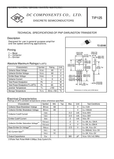 DC COMPONENTS TIP125 PNP Darlington Transistor Datasheet - cover page