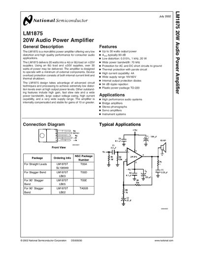 National Semiconductor LM1875 20W Audio Power Amplifier Datasheet