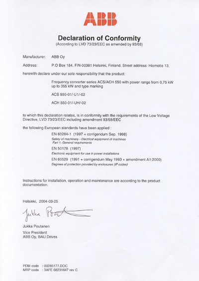 ABB ACS/ACH 550 Frequency Converter Declaration of Conformity - cover page