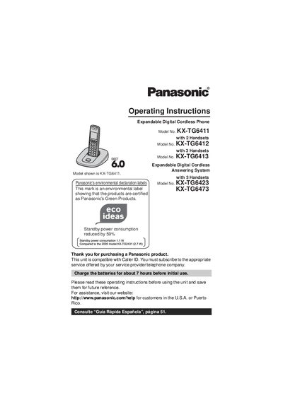 Panasonic KX-TG6411/TG6412/TG6413/TG6423/TG6473 Expandable Digital Cordless Answering System User Manual - cover page