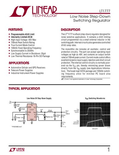 Linear Technology LT1777 Low Noise Step-Down Switching Regulator Datasheet - cover page