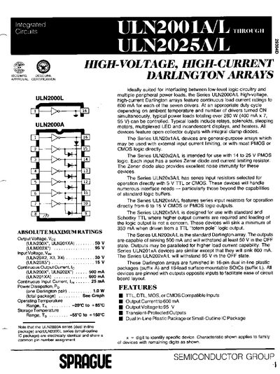 SPRAGUE ULN2001A/L ULAN2025A/L DATA SHEET - cover page