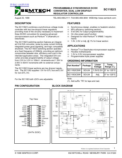 Semtech SC1182/3 Programmable Synchronous DC/DC Converter Datasheet - cover page
