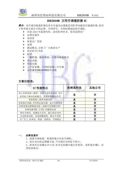 Haobogao HB2010B Universal Air Conditioner Remote IC User Manual - cover page