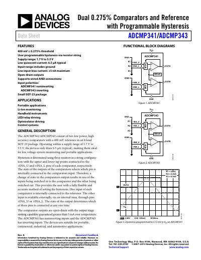 ADCMP341/ADCMP343 Dual 0.275% Comparators and Reference with Programmable Hysteresis Data Sheet - cover page