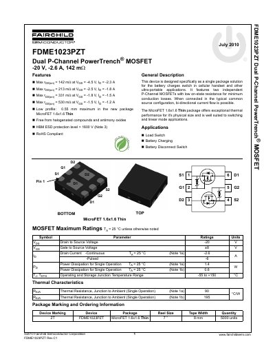 Fairchild FDME1023PZT Dual P-Channel MOSFET Datasheet - cover page