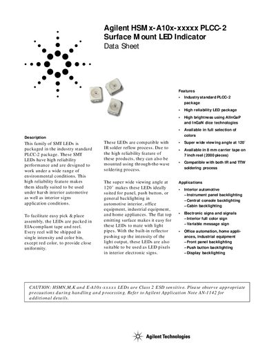 Agilent HSMx-A10x-xxxxx PLCC-2 Surface Mount LED Indicator Data Sheet - cover page