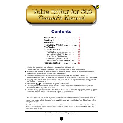 Yamaha Voice Editor for S08 Owner's Manual - cover page