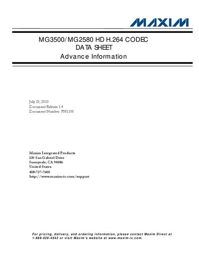 Maxim MG3500 / MG2580 HD H.264 Codec Data Sheet - cover page